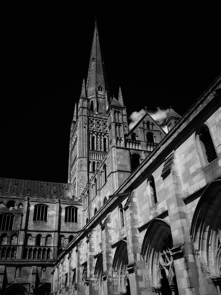 An infrared shot of the spire of Norwich Cathedral, looking up from the Cloisters.