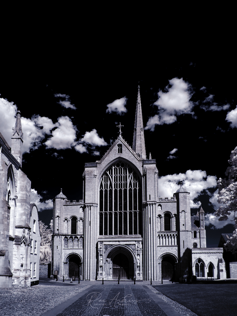 An infrared image of the west facade of Norwich Cathedral.