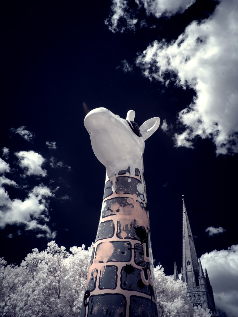 Photograph of a giraffe sculpture with the giraffe’s long neck stretching skyward in surreal infrared tones.